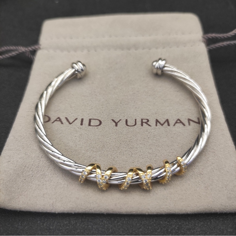 David Yurman Silver Cable Cuff with Gold Spiral Accents and Diamonds